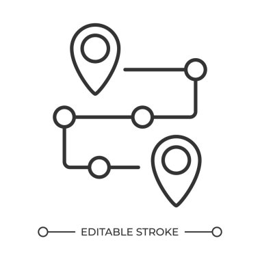 Doğrusal simgeyi yönlendir. GPS navigasyonu. Yer belirleyici. Tedarik zinciri. Müşteri seyahati. Ürün yol haritası. İnce çizgili çizim. Contour sembolü. Vektör çizimi. Düzenlenebilir vuruş
