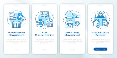 HOA servisleri mobil uygulama ekranında. Doğrusal kavramlarla düzenlenebilir grafik yönergelerini dört adımda gözden geçir. UI, UX, GUI şablonu. Montserrat Yarı Kalın, Düzenli yazı tipleri