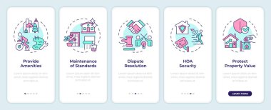 Gezici uygulama ekranında HOA profesyonelleri var. Mülk yönetimi. Doğrusal kavramlarla düzenlenebilir grafik yönergelerini 5 adımda gezdir. UI, UX, GUI şablonu. Montserrat Yarı Kalın, Düzenli yazı tipleri