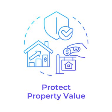 Mülk değerini mavi gradyan konsept simgesini koru. Konut derneği, gayrimenkul. Yuvarlak şekil çizimi. Soyut bir fikir. Grafik tasarımı. Bilgide ve sunumda kullanması kolay