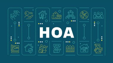 HOA teal word concept. Public safety. Meeting presentation, community leadership. House rent. Horizontal vector image. Headline text surrounded by editable outline icons. Hubot Sans font used