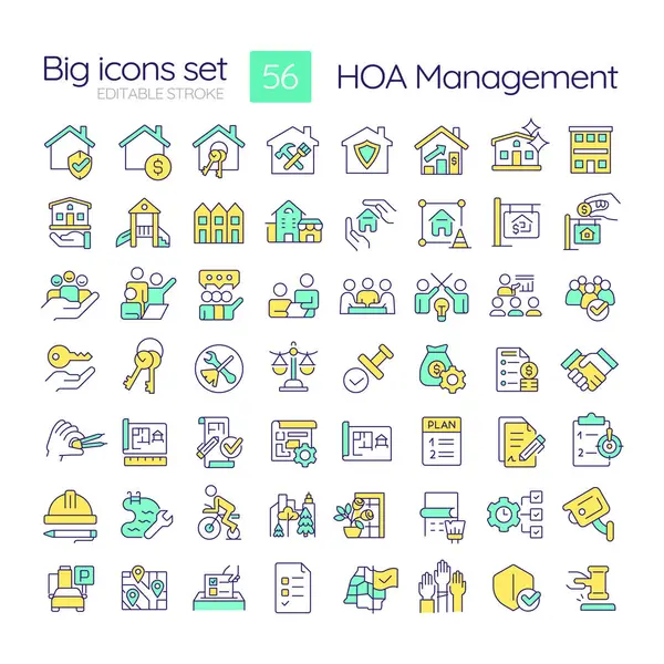 stock vector HOA management RGB color icons set. Administrative support, service. Regulatory compliance, leadership. Isolated vector illustrations. Simple filled line drawings collection. Editable stroke