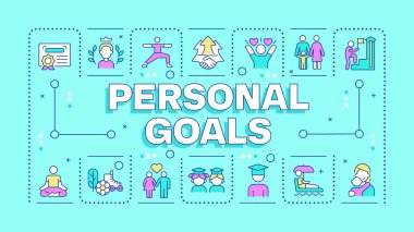 Kişisel hedefler kelime konseptini turkuaz hale getirir. Kişisel gelişim. Kariyer ilerlemesi. Gol ayarı. Tipografi afişi. Başlık metniyle vektör illüstrasyonu, düzenlenebilir simge rengi. İnbot Sans yazı tipi kullanıldı