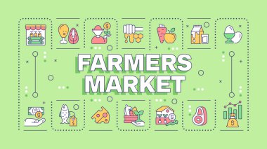 Çiftçiler yeşil kelime konsepti pazarlarlar. Taze ürünler. Yerel yemek. Çiftlikten sofra ürünlerine. Tipografi afişi. Başlık metniyle vektör illüstrasyonu, düzenlenebilir simge rengi. İnbot Sans yazı tipi kullanıldı