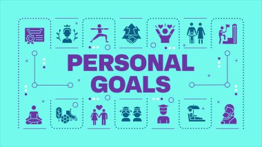 Kişisel hedefler mavi kelime kavramını aydınlatıyor. Kişisel gelişim. Kariyer ilerlemesi. Gol ayarı. Görsel iletişim. Harfli vektör sanatı, düzenlenebilir sembol. İnbot Sans yazı tipi kullanıldı