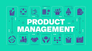 Ürün yönetimi yeşil kelime kavramı. Ürün planlama, geliştirme ve başlatma. PLM. Görsel iletişim. Harfli vektör sanatı, düzenlenebilir sembol. İnbot Sans yazı tipi kullanıldı