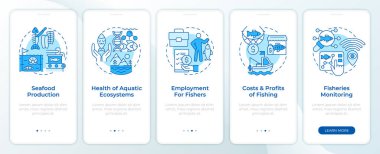 Balıkçılık kontrol yönetimi mobil uygulama ekranında mavi. Doğrusal kavramlarla düzenlenebilir grafik yönergelerini 5 adımda gezdir. UI, UX, GUI şablonu. Montserrat Yarı Kalın, Düzenli yazı tipleri