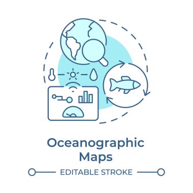 Oşinografik haritalar yumuşak mavi konsept simgesi. Hava verileri, istatistikler. İzleme cihazı. Yuvarlak şekil çizimi. Soyut bir fikir. Grafik tasarımı. Bilgide ve sunumda kullanması kolay