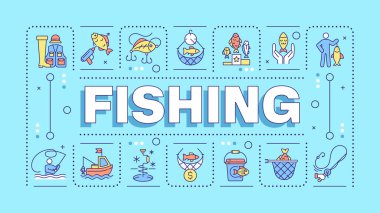 Turkuaz balık tutma kavramı. Balık hasadı, iş. Turistik etkinlik, yarışma. Tipografi afişi. Başlık metniyle vektör illüstrasyonu, düzenlenebilir simge rengi. İnbot Sans yazı tipi kullanıldı