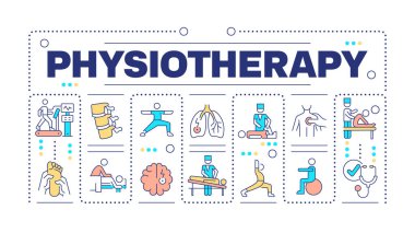 Fizyoterapi kelime kavramı beyaza izole edilmiş. Fiziksel rehabilitasyon. Tıbbi bakım. Mesleki terapi. Düzenlenebilir renkli çizgi simgeleriyle çevrili yaratıcı illüstrasyon afişi. İnbot Sans yazı tipi kullanıldı