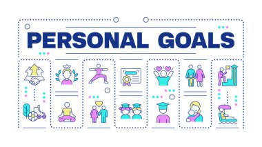 Kişisel hedefler beyaz üzerine izole edilmiş kelime kavramı. Kişisel gelişim. Kariyer ilerlemesi. Gol ayarı. Düzenlenebilir renkli çizgi simgeleriyle çevrili yaratıcı illüstrasyon afişi. İnbot Sans yazı tipi kullanıldı