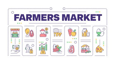 Çiftçilerin kelime kavramı beyaza izole edilmiş. Taze ürünler. Yerel yemek. Çiftlikten sofra ürünlerine. Düzenlenebilir renkli çizgi simgeleriyle çevrili yaratıcı illüstrasyon afişi. İnbot Sans yazı tipi kullanıldı