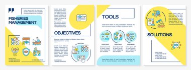 Balıkçılık yönetim örgütü mavi ve sarı broşür şürü. Çizgisel simgeli broşür tasarımı. Sunum için düzenlenebilir 4 vektör düzeni, yıllık raporlar. Questrial, Lato-Düzenli yazı tipleri