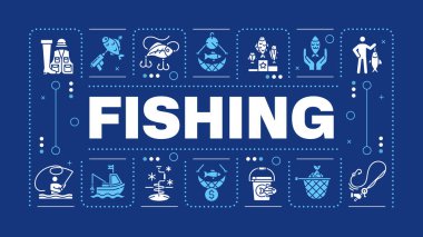 Fishing blue word concept. Fish harvesting. Fly fish hook. Aqua food production, ecosystem. Visual communication. Vector art with lettering text, editable glyph icons. Hubot Sans font used clipart