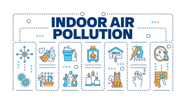 Indoor air pollution word concept isolated on white. Air quality. Dust and allergens. Respiratory health. Creative illustration banner surrounded by editable line colorful icons. Hubot Sans font used