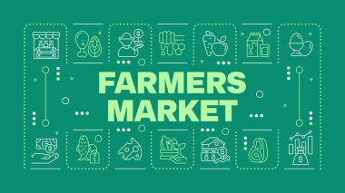 Çiftçiler koyu yeşil kelime konsepti pazarlarlar. Taze ürünler. Yerel yemek. Çiftlikten sofra ürünlerine. Yatay vektör görüntüsü. Düzenlenebilir taslak simgelerle çevrili başlık metni. İnbot Sans yazı tipi kullanıldı