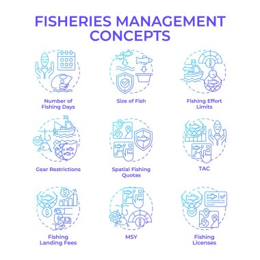 Balıkçılık yönetimi mavi gradyan konsept simgeleri. Deniz ekosistemi, deniz ürünleri üretimi. Simge paketi. Vektör görüntüleri. Bilgi ve sunum için yuvarlak şekilli çizimler. Soyut fikir