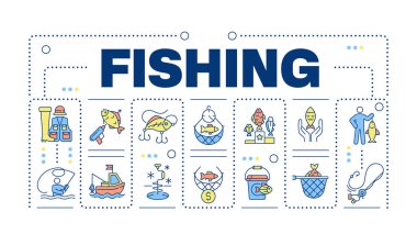 Balıkçı kelime kavramı beyaza izole edilmiş. Alet çantası, aksesuarlar. Gıda üretim işi. Düzenlenebilir renkli çizgi simgeleriyle çevrili yaratıcı illüstrasyon afişi. İnbot Sans yazı tipi kullanıldı