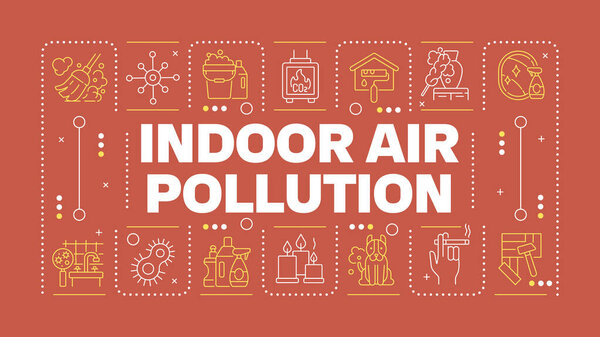 Indoor air pollution red word concept. Home air quality. Dust and allergens. Respiratory health. Horizontal vector image. Headline text surrounded by editable outline icons. Hubot Sans font used