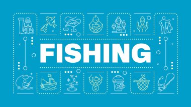 Mavi kelime konsepti. Deniz suyu, biyolojik çeşitlilik. Balıkçılık ekipmanları, aksesuarlar. Yatay vektör görüntüsü. Düzenlenebilir taslak simgelerle çevrili başlık metni. İnbot Sans yazı tipi kullanıldı