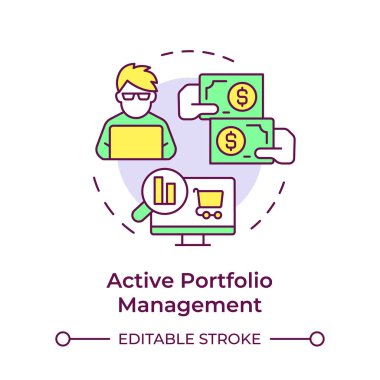 Etkin portföy yönetimi çok renkli konsept simgesi. Finansal danışman, borsa simsarı. Yuvarlak şekil çizimi. Soyut bir fikir. Grafik tasarımı. Bilgide ve sunumda kullanması kolay