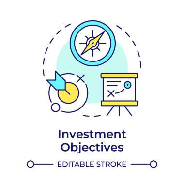 Yatırım hedefleri çok renkli konsept simgesi. Portföy stratejisi, gelir üretimi. Yuvarlak şekil çizimi. Soyut bir fikir. Grafik tasarımı. Bilgide ve sunumda kullanması kolay