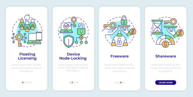 Dağıtım modelleri mobil uygulama ekranında. Doğrusal kavramlarla düzenlenebilir grafik yönergelerini dört adımda gözden geçir. UI, UX, GUI şablonu. Montserrat Yarı Kalın, Düzenli yazı tipleri