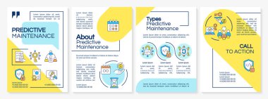 Yazılım lisansları mavi ve sarı broşür türleri. Çizgisel simgeli broşür tasarımı. Sunum için düzenlenebilir 4 vektör düzeni, yıllık raporlar. Questrial, Lato-Düzenli yazı tipleri