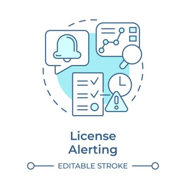 Yumuşak mavi konsept simgesi lisansı uyarısı. Bilgilendirme zili, görev başarısı. Yuvarlak şekil çizimi. Soyut bir fikir. Grafik tasarımı. Bilgide ve sunumda kullanması kolay