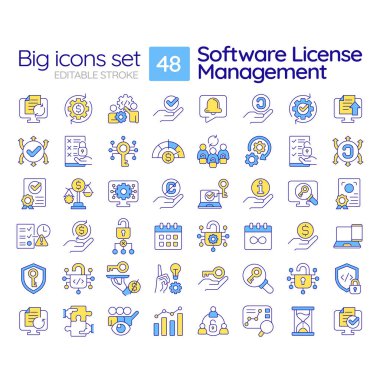 Software license management RGB color icons set. User access control. Pricing plan. Terms and conditions. Isolated vector illustrations. Simple filled line drawings collection. Editable stroke clipart