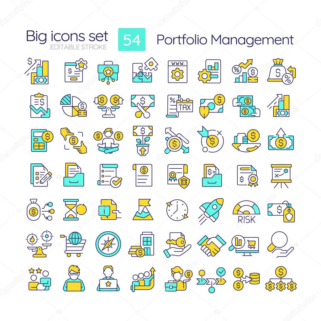 Portfolio management RGB color icons set. Financial advisors, risk management. Income generation. Isolated vector illustrations. Simple filled line drawings collection. Editable stroke