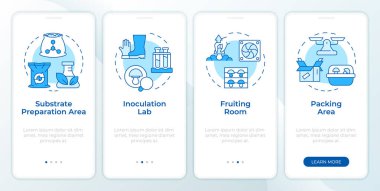 Mantar çiftliğinin mavi parçaları mobil uygulama ekranında. Doğrusal kavramlarla düzenlenebilir grafik yönergelerini dört adımda gözden geçir. UI, UX, GUI şablonu. Montserrat Yarı Kalın, Düzenli yazı tipleri
