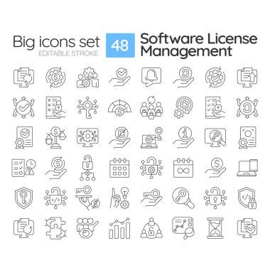 Software license management linear icons set. Regulatory compliance, usage monitoring. Licensing service. Customizable thin line symbols. Isolated vector outline illustrations. Editable stroke clipart