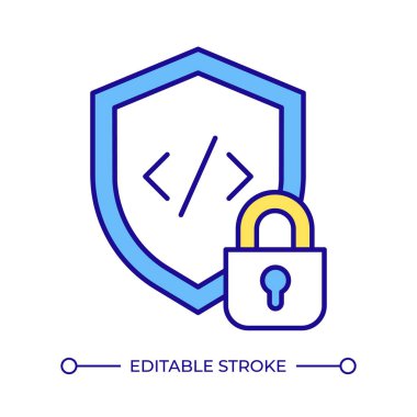 Özel lisans RGB renk simgesi. Yazılım lisans yönetimi. Kaynak kodu, düzenleyici uyum. Dijital güvenlik kilidi. İzole vektör çizimi. Basit bir çizgi çizimi. Düzenlenebilir vuruş