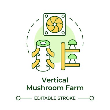 Dikey mantar çiftliği çok renkli konsept ikonu. Mantar yetiştirme tekniği. Dikey katmanlar. Kapalı alanda çiftçilik. Yuvarlak şekil çizimi. Soyut bir fikir. Grafik tasarımı. Makalede kullanması kolay