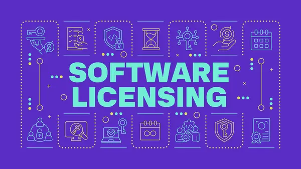 stock vector Software licensing purple word concept. Code protection. Public license, pricing plan. Horizontal vector image. Headline text surrounded by editable outline icons. Hubot Sans font used