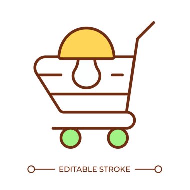 Mantarların satışı RGB renk simgesi. İçinde mantar olan alışveriş arabası. Market alışverişi. Organik ürün. İzole vektör çizimi. Basit bir çizgi çizimi. Düzenlenebilir vuruş