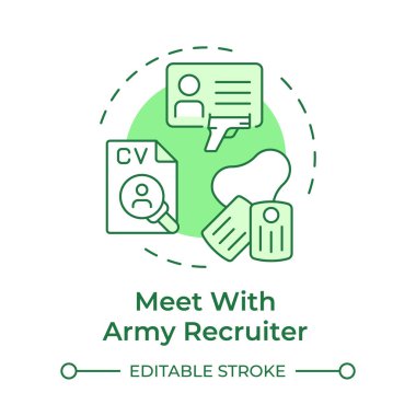 Asker toplayıcı yeşil konsept ikonu ile buluş. Fiziksel sağlık, askeri uzmanlık alanı. Yuvarlak şekil çizimi. Soyut bir fikir. Grafik tasarımı. Bilgide ve sunumda kullanması kolay