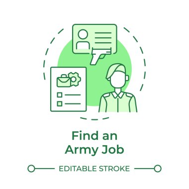Bir ordu işi yeşil konsept simgesi bul. Başvuru süreci, istihdam özgeçmişi. Silah ruhsatı Yuvarlak şekil çizimi. Soyut bir fikir. Grafik tasarımı. Bilgide ve sunumda kullanması kolay