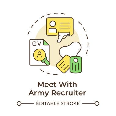 Ordunun çok renkli konsept ikonu ile buluş. Fiziksel sağlık, askeri uzmanlık alanı. Yuvarlak şekil çizimi. Soyut bir fikir. Grafik tasarımı. Bilgide ve sunumda kullanması kolay