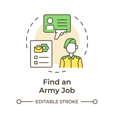 Çok renkli bir ordu işi konsept simgesi bul. Başvuru süreci, istihdam özgeçmişi. Yuvarlak şekil çizimi. Soyut bir fikir. Grafik tasarımı. Bilgide ve sunumda kullanması kolay