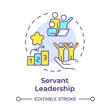 Hizmetçi liderlik çok renkli konsept simgesi. İlerleme adımları, ortaklık. Takım çalışması, rehberlik. Yuvarlak şekil çizimi. Soyut bir fikir. Grafik tasarımı. Bilgide ve sunumda kullanması kolay