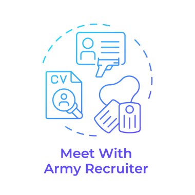 Orduya asker toplayan mavi gradyan konsept ikonu ile buluş. Fiziksel sağlık, askeri uzmanlık alanı. Yuvarlak şekil çizimi. Soyut bir fikir. Grafik tasarımı. Bilgide ve sunumda kullanması kolay