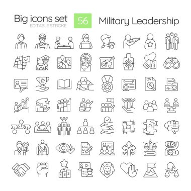 Askeri liderlik doğrusal simgeleri ayarlandı. Ordu değerleri, takım üyeleri. Savaş eğitimi, gereksinimler. Özelleştirilebilir ince çizgi sembolleri. İzole vektör çizimi çizimleri. Düzenlenebilir vuruş