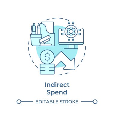 Dolaylı olarak, yumuşak mavi konsept simgesi harcayın. Masraflar, tedarik belgeleri. Maliyet düşüşü. Yuvarlak şekil çizimi. Soyut bir fikir. Grafik tasarımı. Bilgide ve sunumda kullanması kolay
