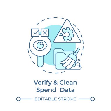 Harcama verilerinin yumuşak mavi konsept simgesini doğrula ve temizle. Belge doğrulama, mali rapor. Yuvarlak şekil çizimi. Soyut bir fikir. Grafik tasarımı. Bilgide ve sunumda kullanması kolay