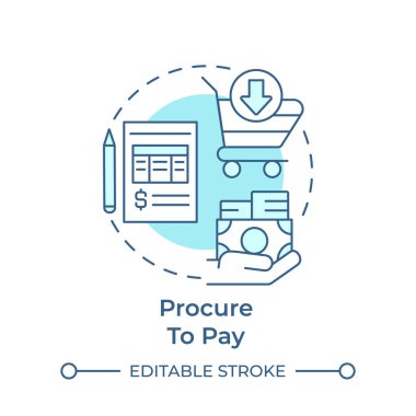 Yumuşak mavi konsept ikonu ödemek için tedarik. Tedarik zinciri yönetimi. Finansal süreç. Yuvarlak şekil çizimi. Soyut bir fikir. Grafik tasarımı. Bilgide ve sunumda kullanması kolay