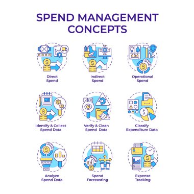 Harcama yönetimi çok renkli konsept simgeleri. Gider raporları, finansal büyüme. Ekonomik istikrar. Simge paketi. Vektör görüntüleri. Bilgi ve sunum için yuvarlak şekilli çizimler. Soyut fikir