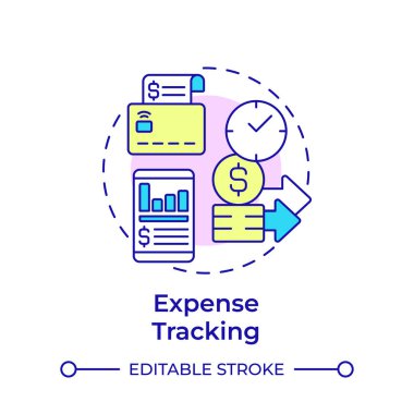 Gider izleme çok renkli konsept simgesi. Kredi kartı, harcama başvurusu. Finansal rapor. Yuvarlak şekil çizimi. Soyut bir fikir. Grafik tasarımı. Bilgide ve sunumda kullanması kolay