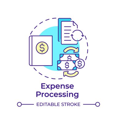 Gider işleme çok renkli konsept simgesi. Bütçe planı, belgeler. Muhasebecilik. Yuvarlak şekil çizimi. Soyut bir fikir. Grafik tasarımı. Bilgide ve sunumda kullanması kolay